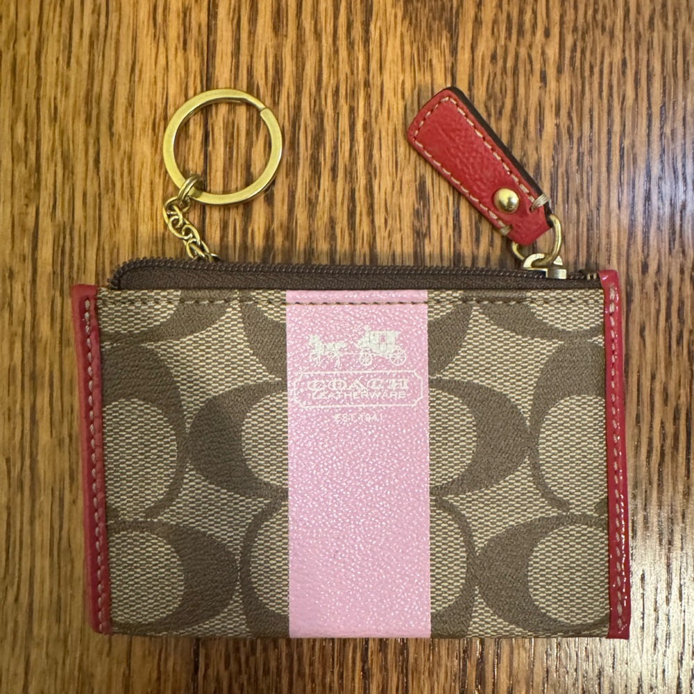 Coach Brown Signature Canvas Card Holder with Pink Center Stripe and Red Trim